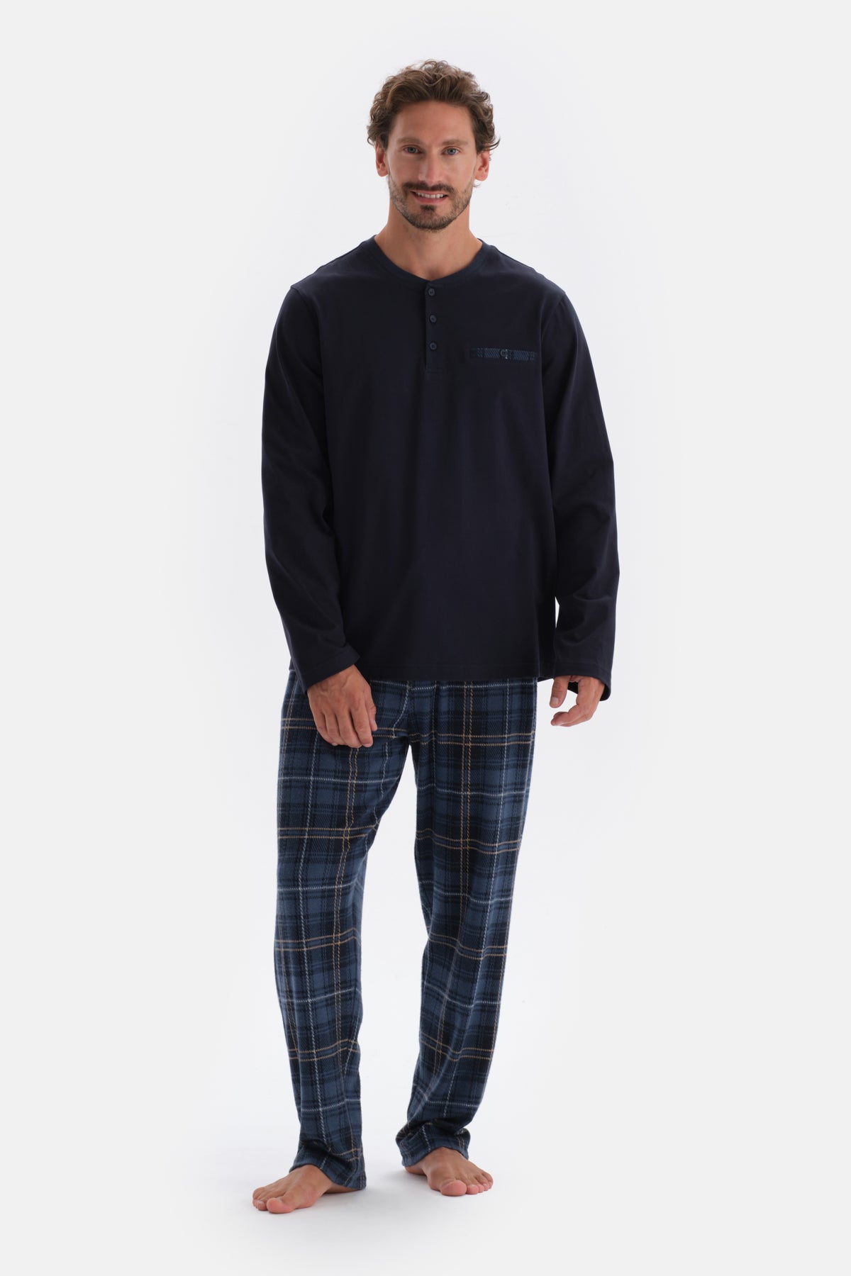 Lacivert Yarım Patlı Uzun Kol Pamuklu Pijama Takımı