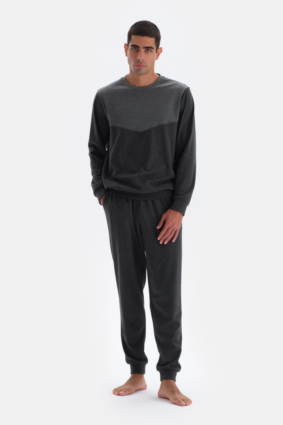 Anthracite Melange CREW-NECK LONG SLEEVE KNITTED PAJAMAS SUIT