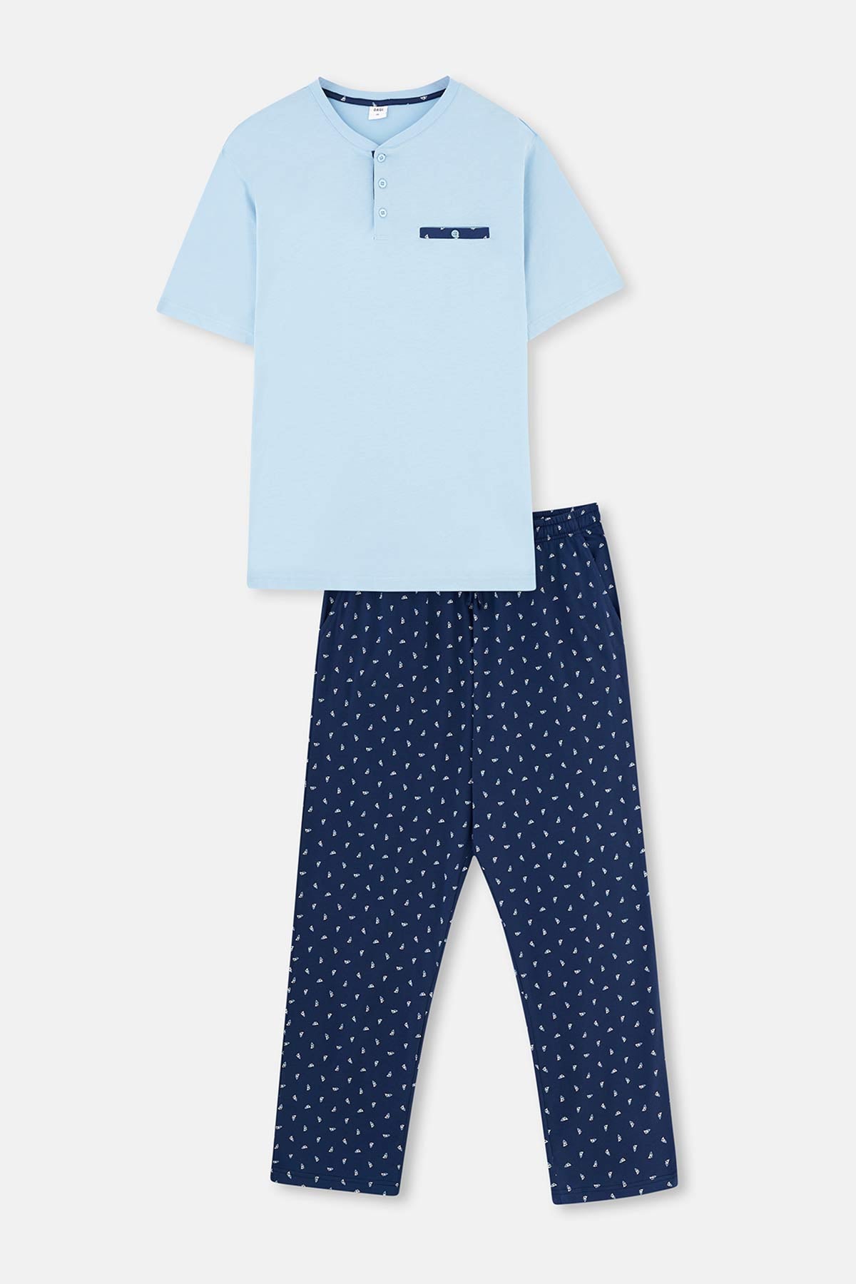 Mavi Yarım Patlı Cep Detaylı Kısa Kollu Plus Size Örme Pijama Takımı