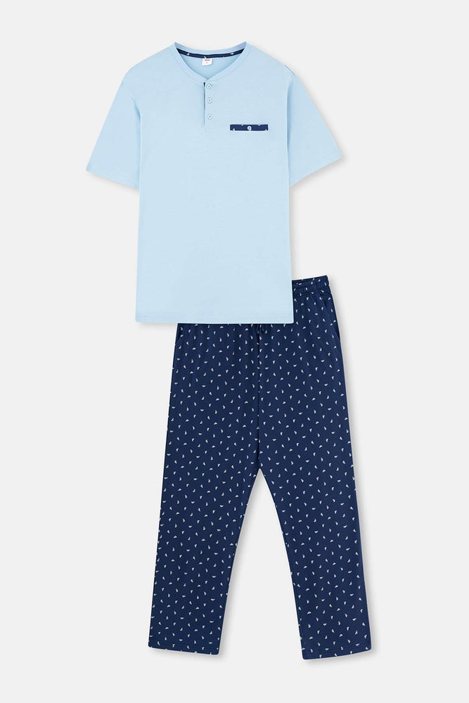 Mavi Yarım Patlı Cep Detaylı Kısa Kollu Plus Size Örme Pijama Takımı