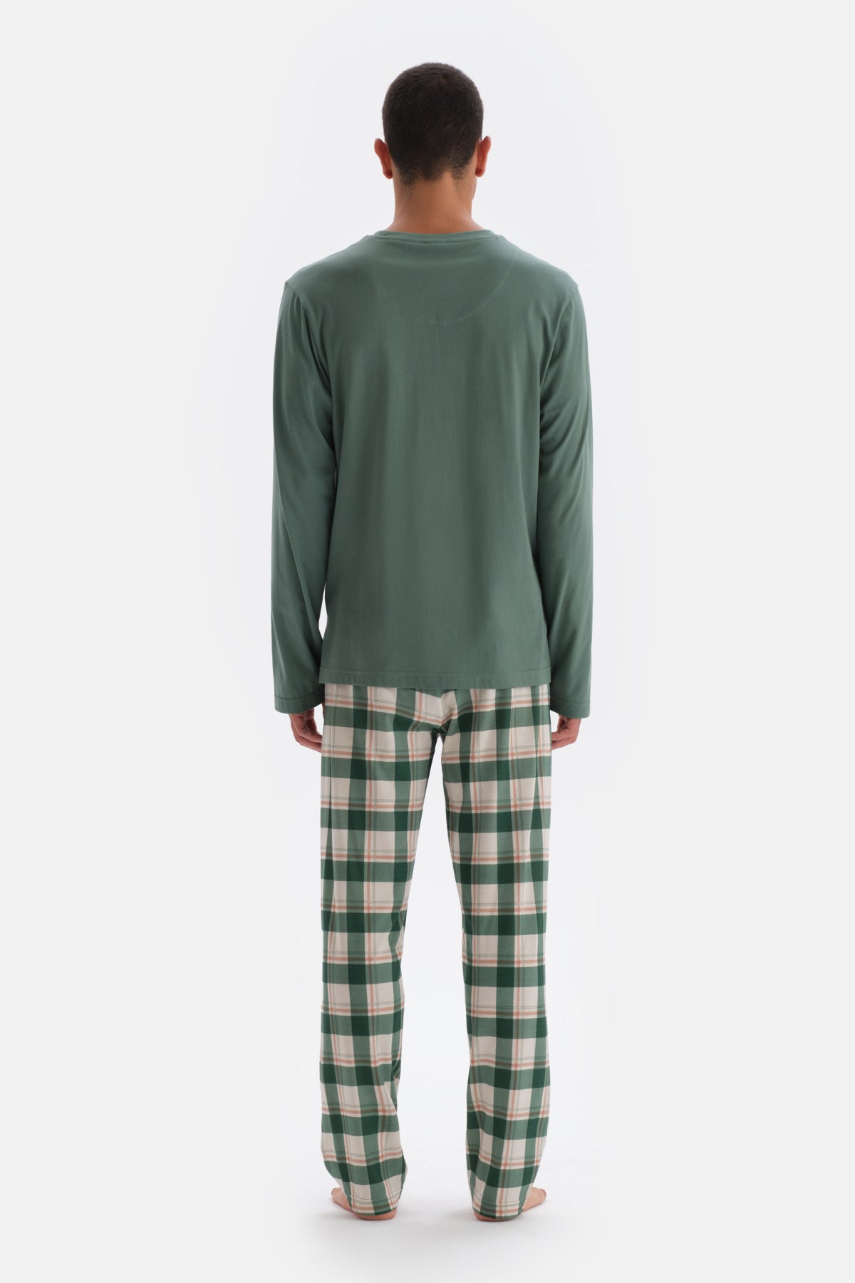 Yeşil Bisiklet Yaka Uzun Kollu Cep Detaylı Modal Pijama Takımı