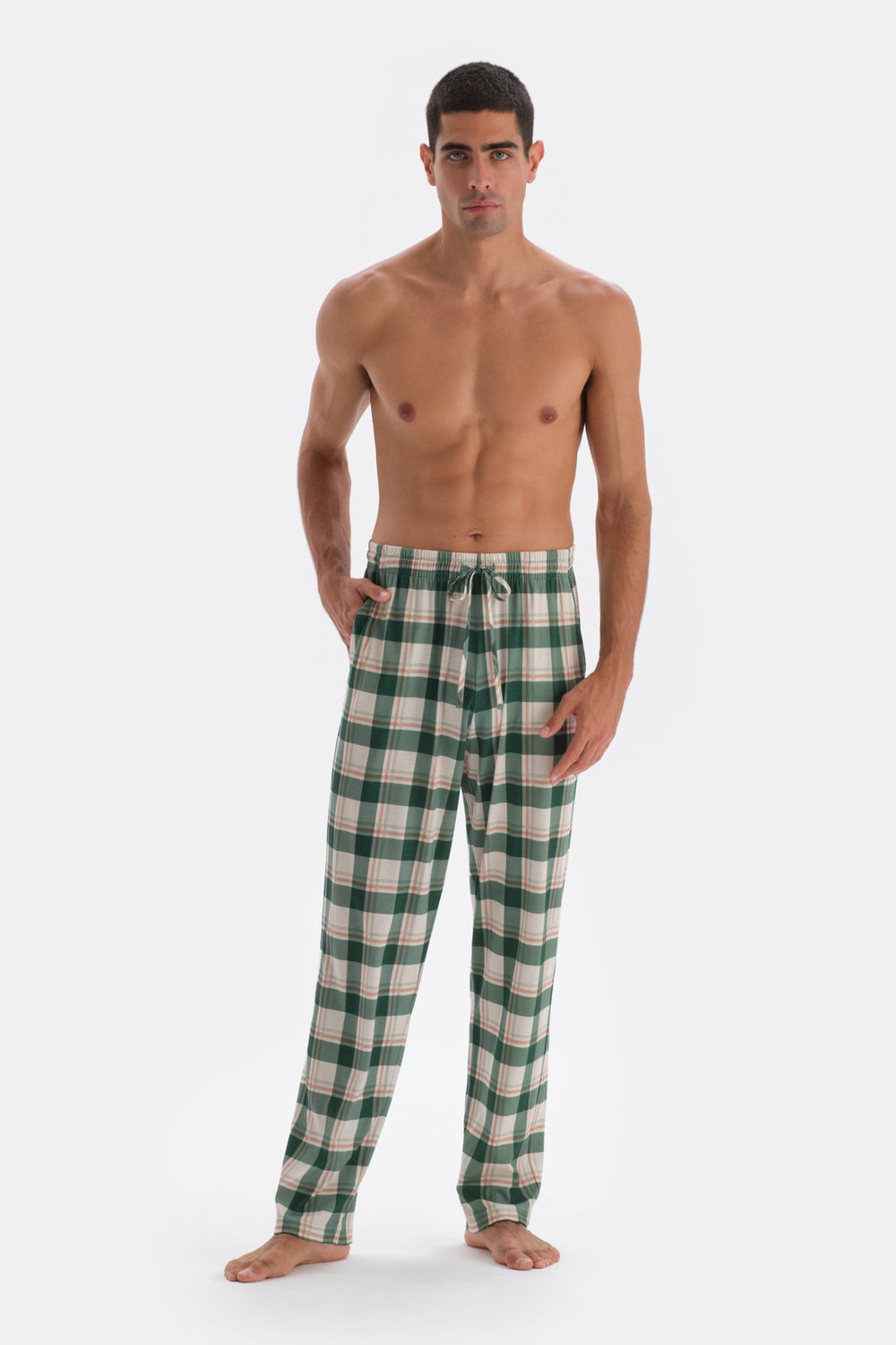 Yeşil Bisiklet Yaka Uzun Kollu Cep Detaylı Modal Pijama Takımı