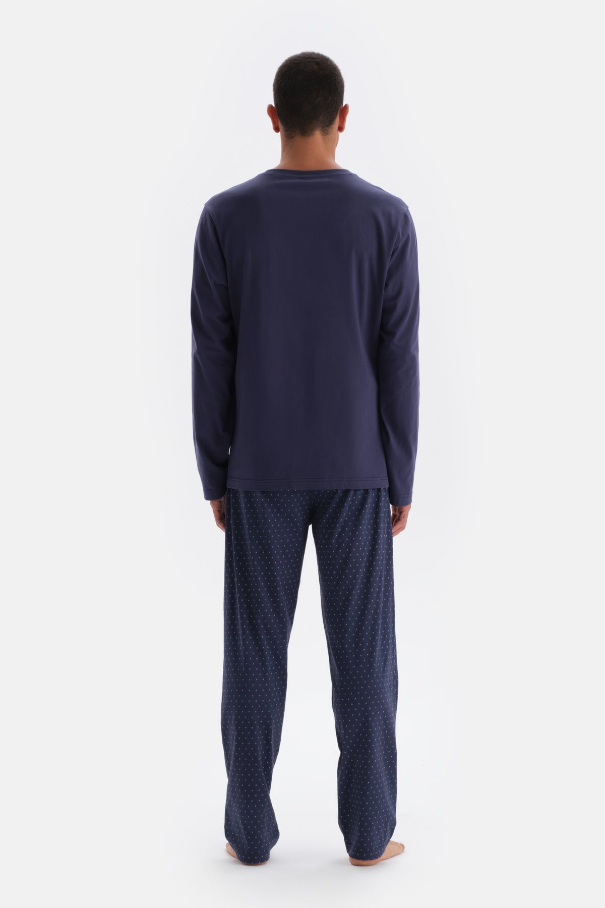 Lacivert Yarım Patlı Uzun Kol Metraj Baskılı Pamuklu Pijama Takımı