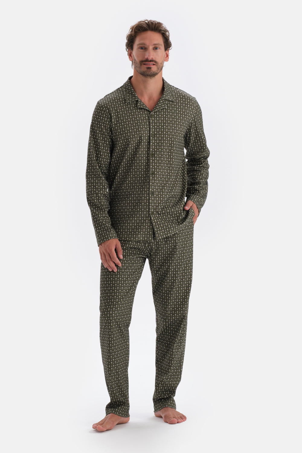 Yeşil Mikroprint Baskılı Örme Gömlek Pijama Takımı