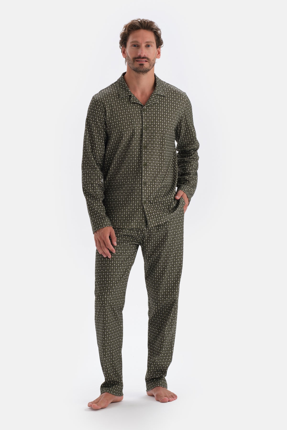 Yeşil Mikroprint Baskılı Örme Gömlek Pijama Takımı