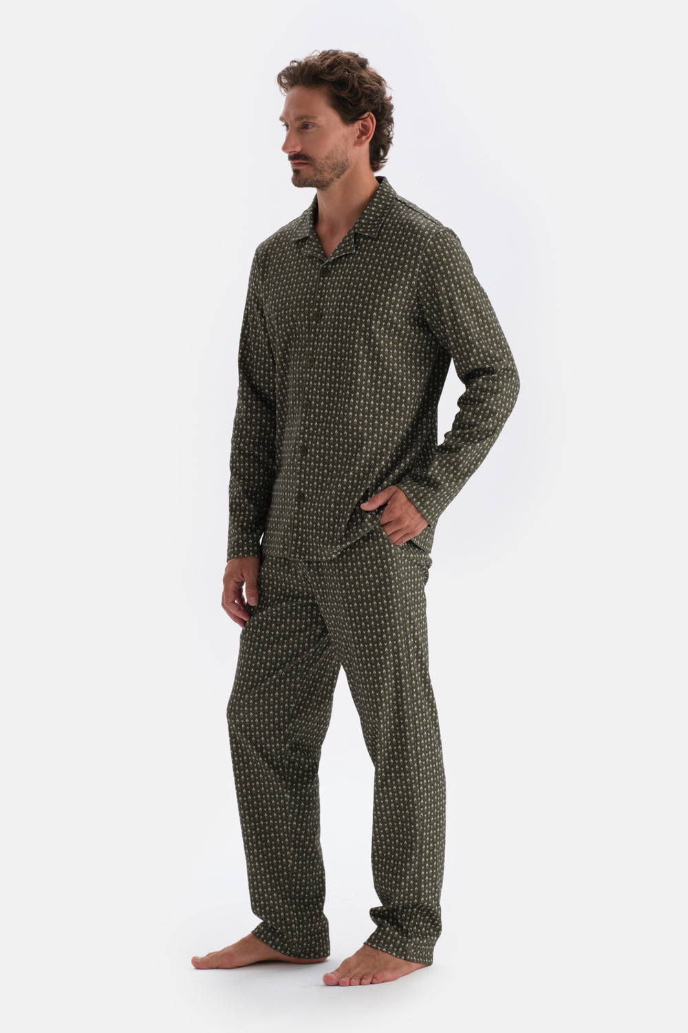 Yeşil Mikroprint Baskılı Örme Gömlek Pijama Takımı