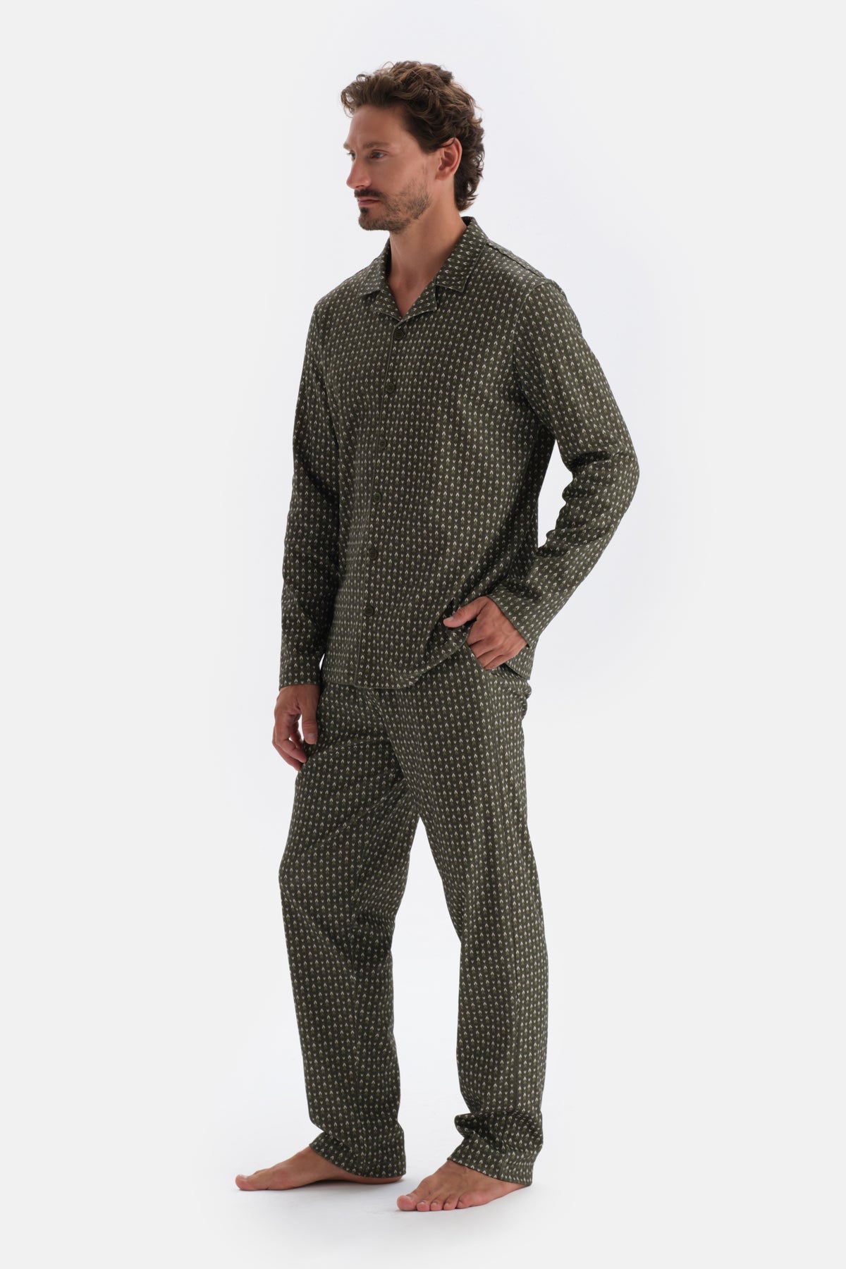Yeşil Mikroprint Baskılı Örme Gömlek Pijama Takımı