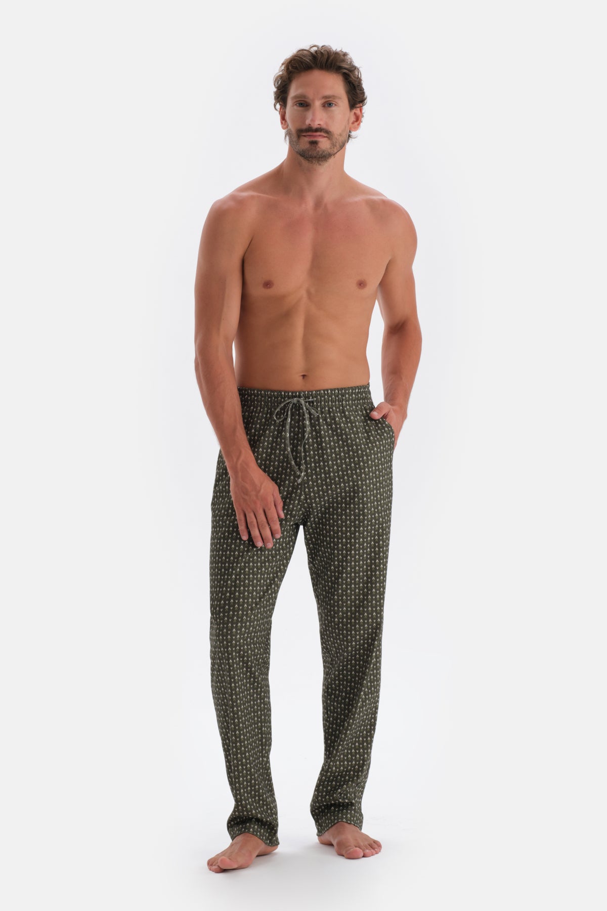 Yeşil Mikroprint Baskılı Örme Gömlek Pijama Takımı