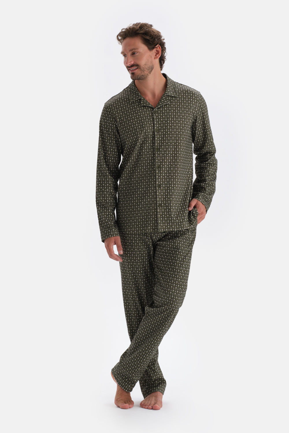 Yeşil Mikroprint Baskılı Örme Gömlek Pijama Takımı