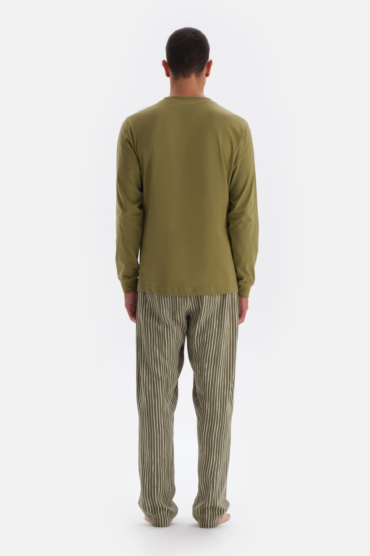 Green PRINT DETAILED LONG SLEEVE PAJAMAS SUIT WITH WOVEN BOTTOM
