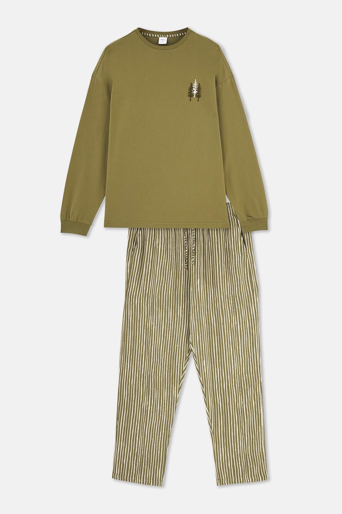 Green PRINT DETAILED LONG SLEEVE PAJAMAS SUIT WITH WOVEN BOTTOM