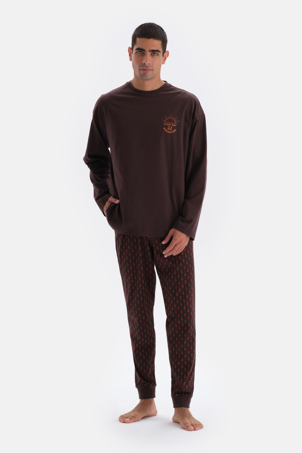 Dark Brown PRINT DETAILED CREW-NECK COTTON MODAL PAJAMAS SUIT