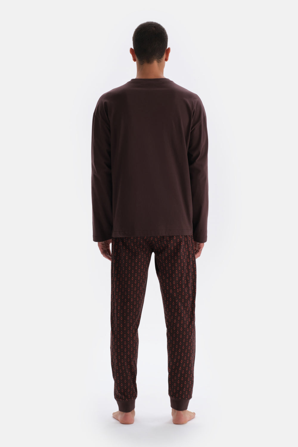 Dark Brown PRINT DETAILED CREW-NECK COTTON MODAL PAJAMAS SUIT
