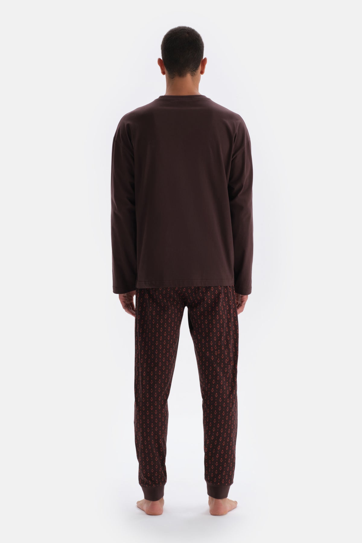 Dark Brown PRINT DETAILED CREW-NECK COTTON MODAL PAJAMAS SUIT