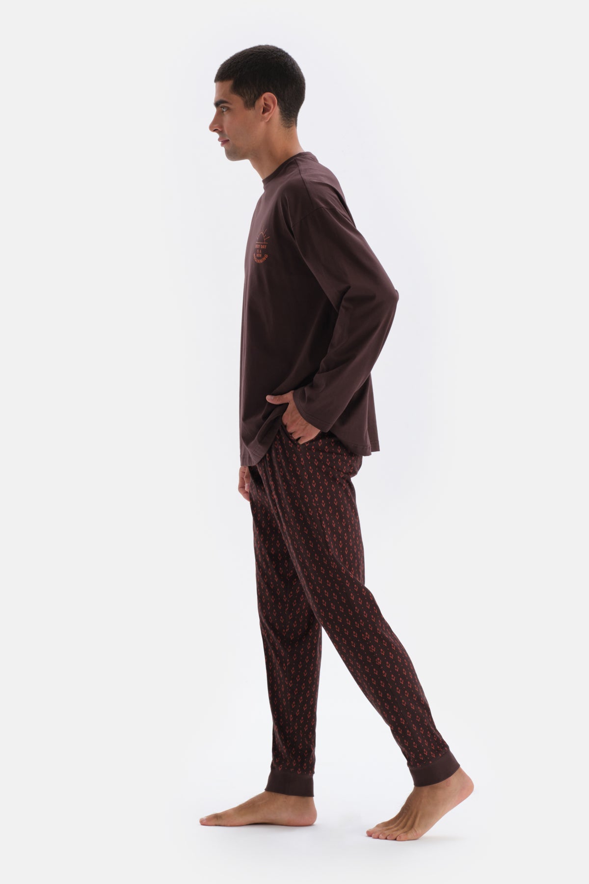 Dark Brown PRINT DETAILED CREW-NECK COTTON MODAL PAJAMAS SUIT