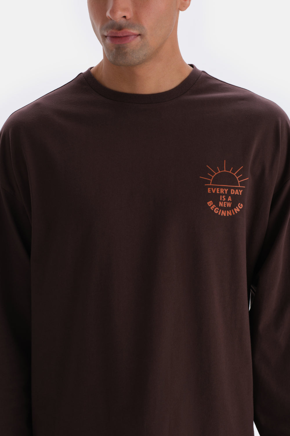 Dark Brown PRINT DETAILED CREW-NECK COTTON MODAL PAJAMAS SUIT