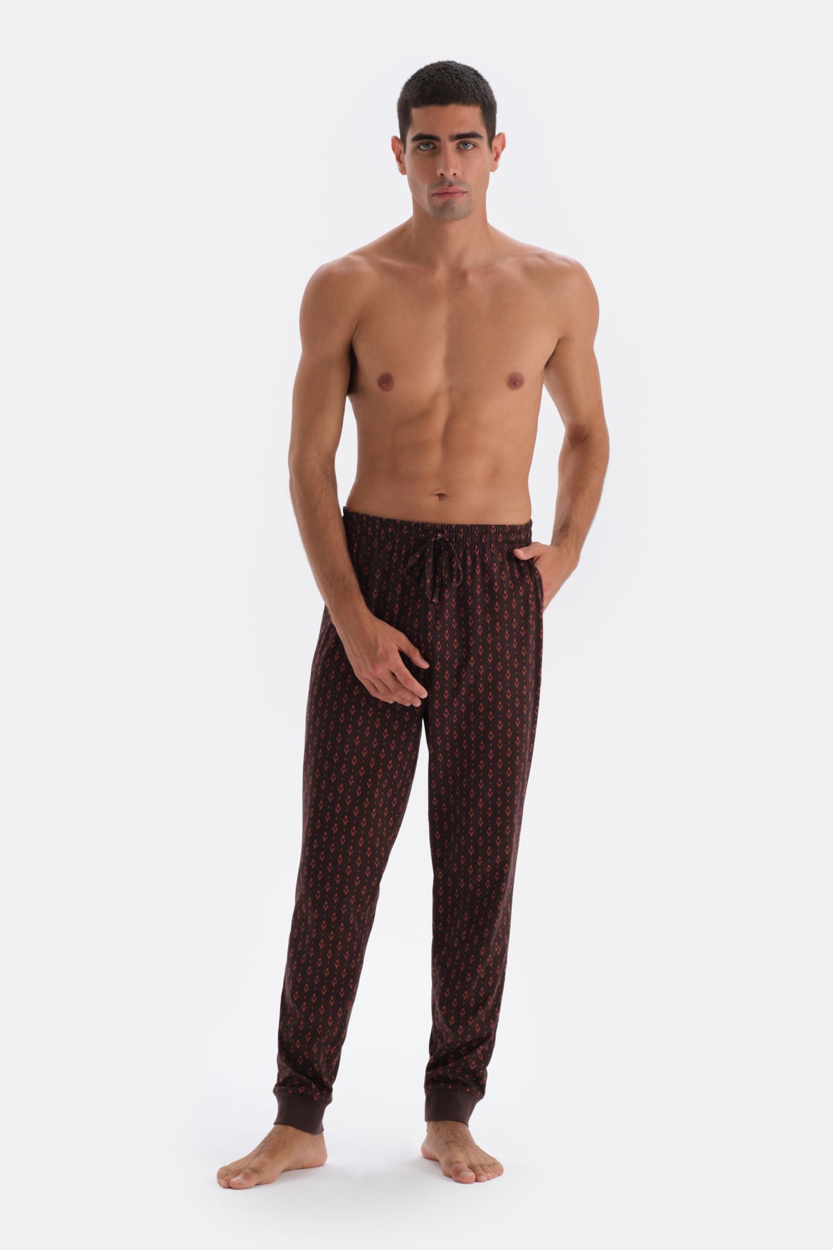 Dark Brown PRINT DETAILED CREW-NECK COTTON MODAL PAJAMAS SUIT