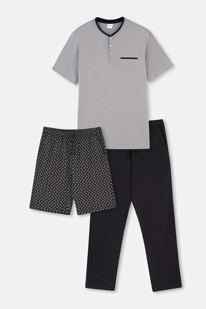 Gri Kısa Kollu Üçlü Groom Pijama Set