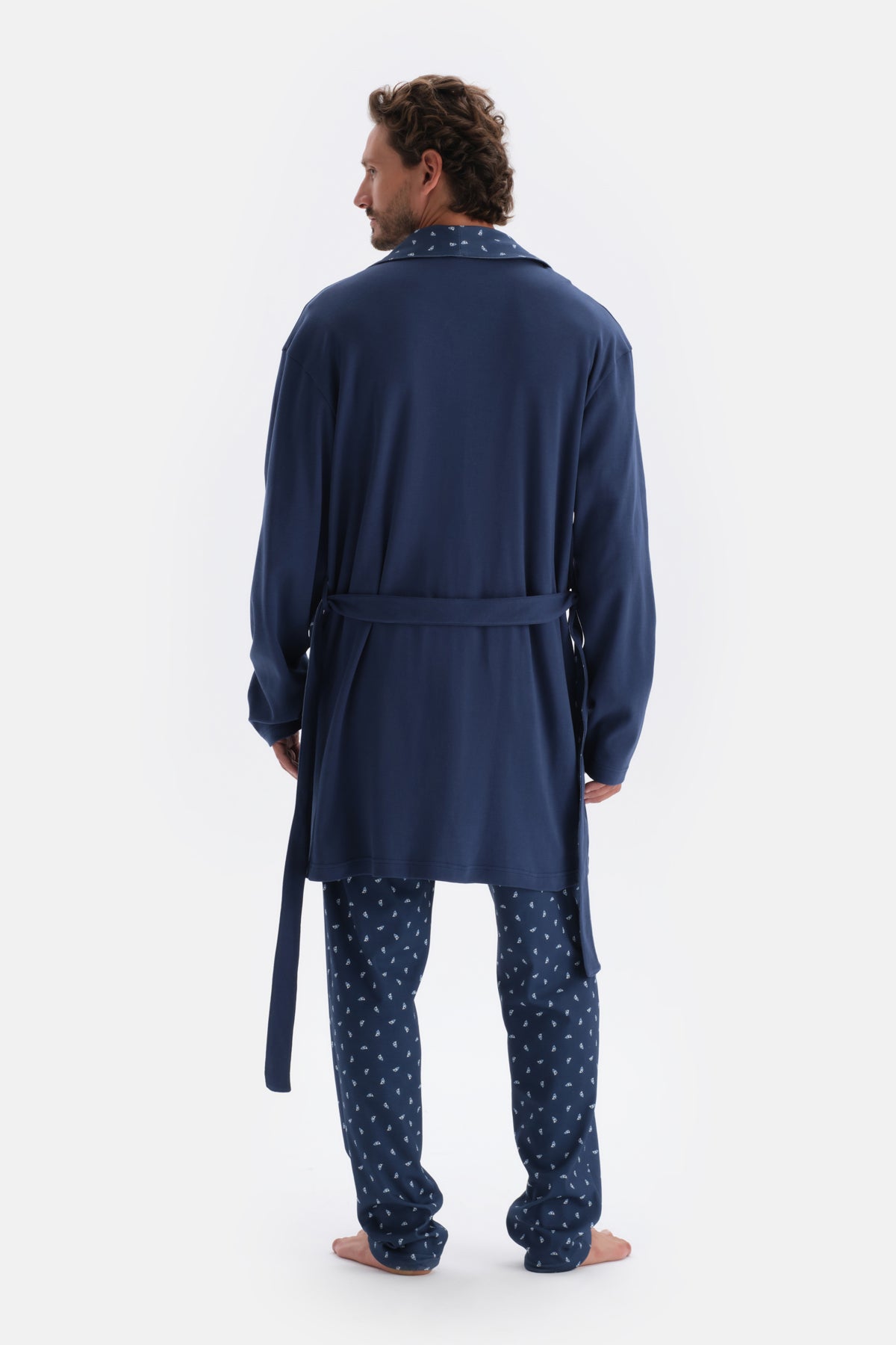Indigo Şal Yaka Interlok Pamuklu Sabahlık