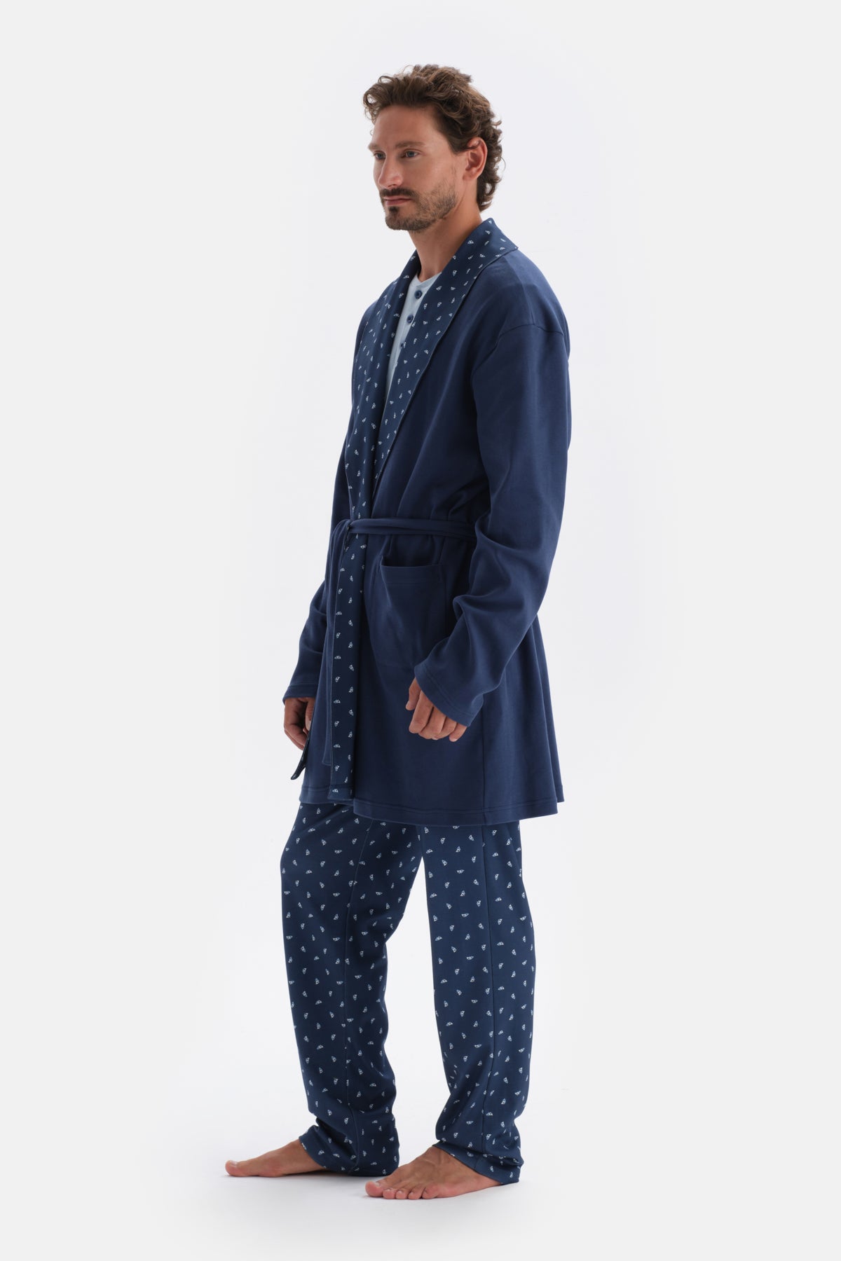 Indigo Şal Yaka Interlok Pamuklu Sabahlık