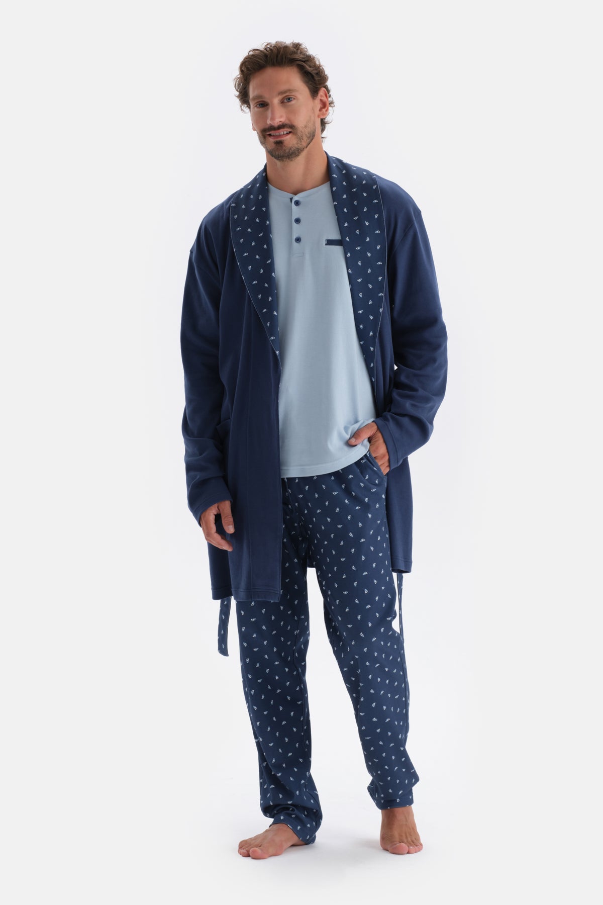 Indigo Şal Yaka Interlok Pamuklu Sabahlık