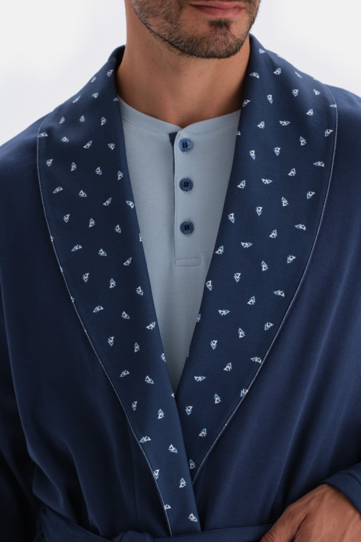 Indigo Şal Yaka Interlok Pamuklu Sabahlık