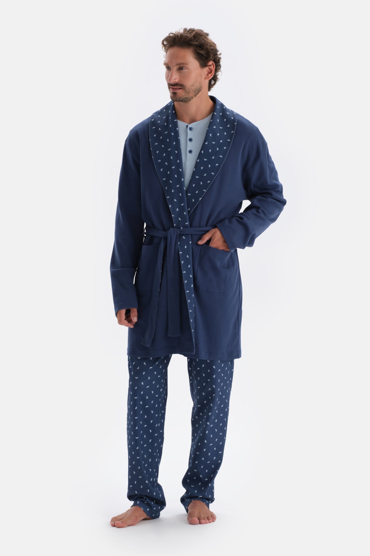 Indigo Şal Yaka Interlok Pamuklu Sabahlık