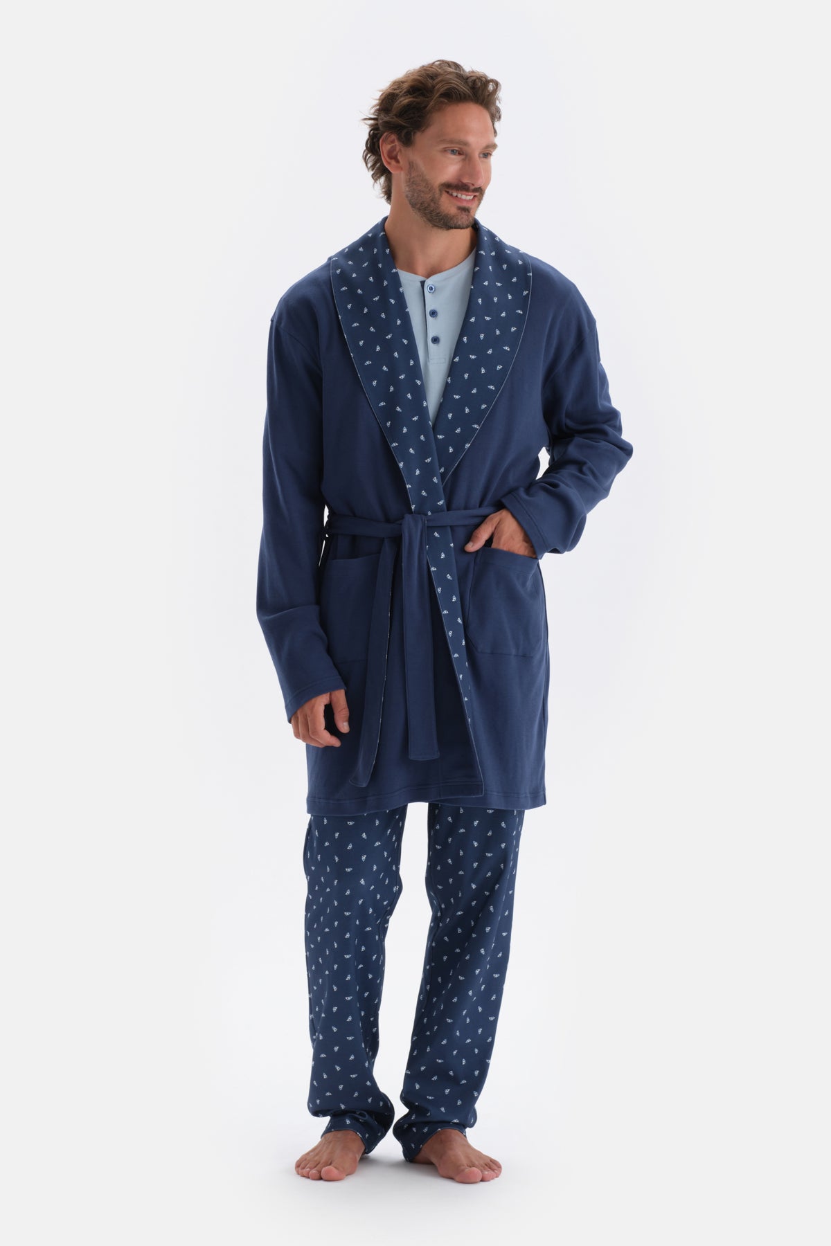 Indigo Şal Yaka Interlok Pamuklu Sabahlık