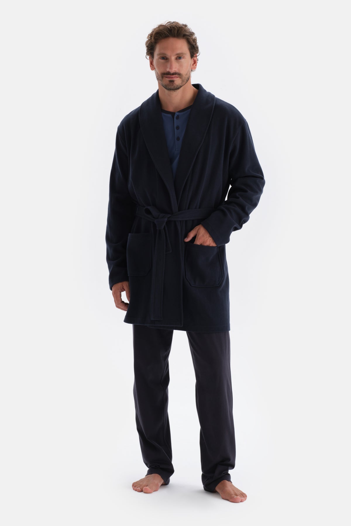 Navy BRIOCHE STITCHED DRESSING GOWN