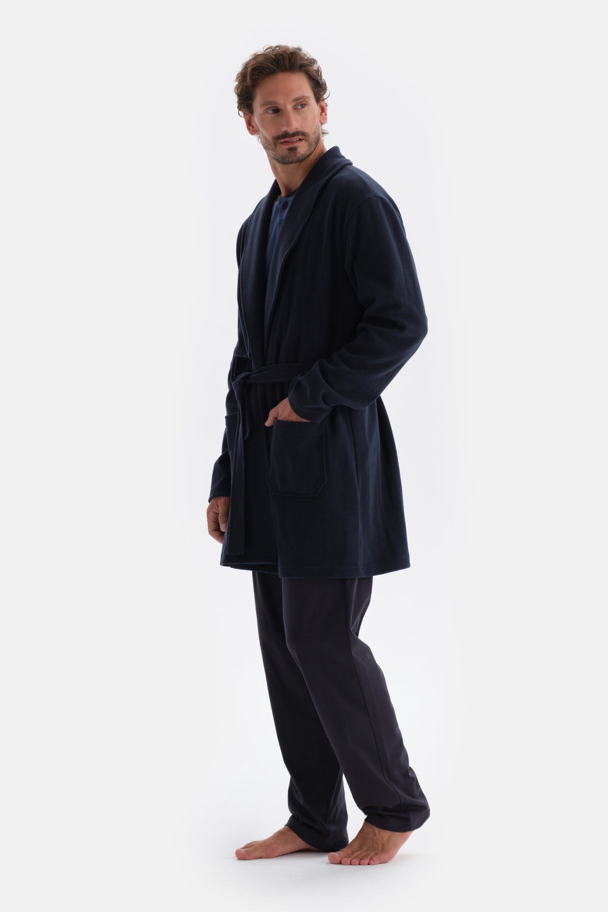 Navy BRIOCHE STITCHED DRESSING GOWN