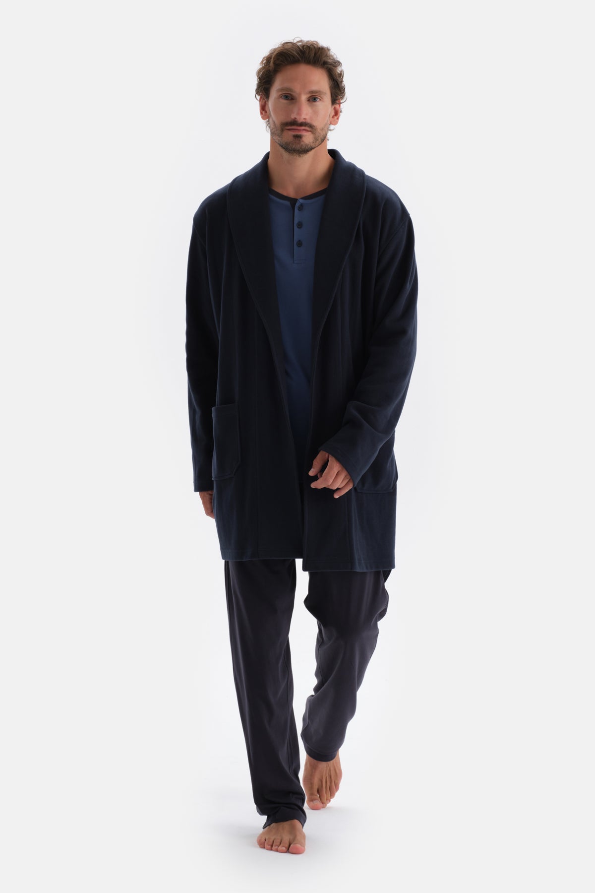 Navy BRIOCHE STITCHED DRESSING GOWN