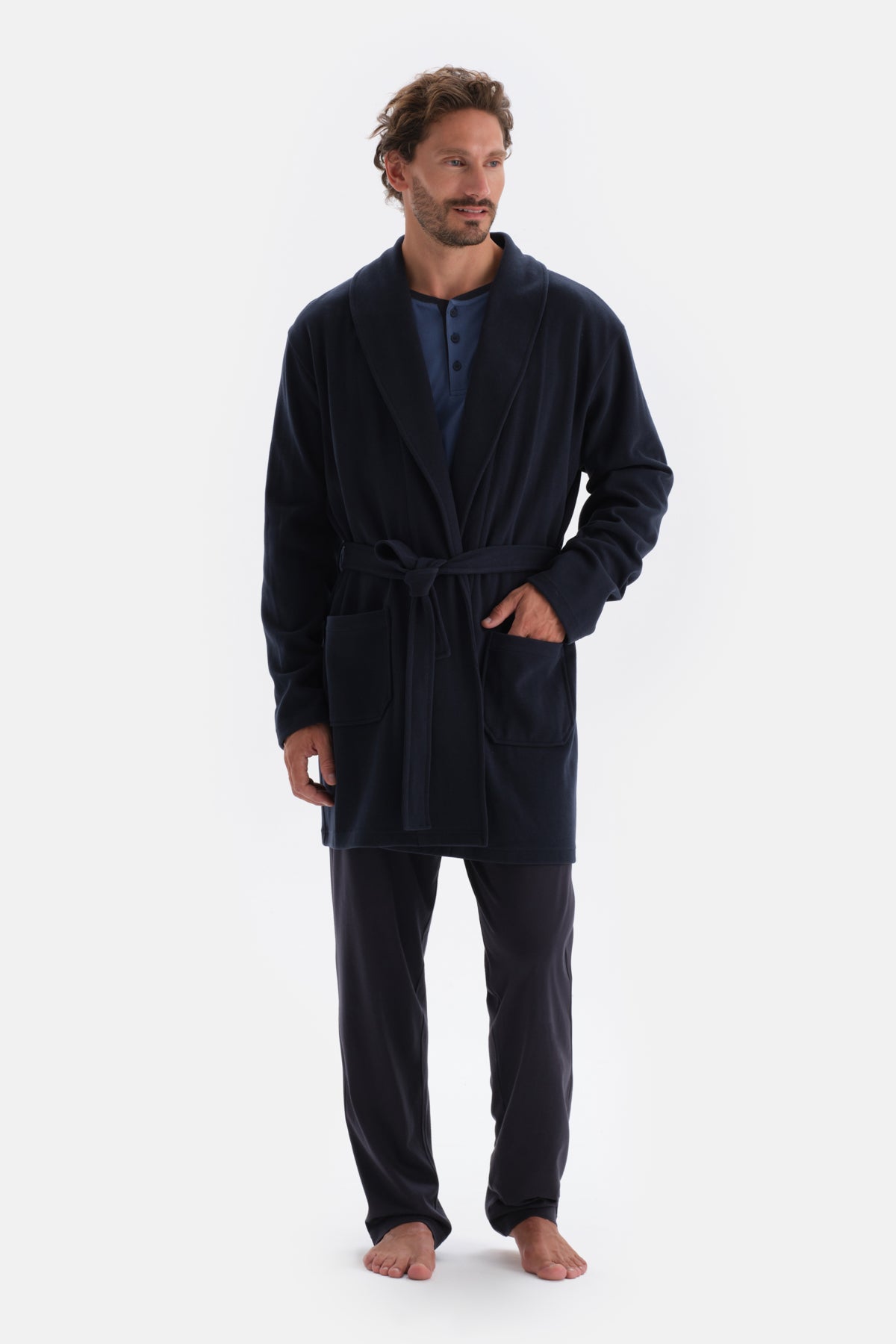 Navy BRIOCHE STITCHED DRESSING GOWN