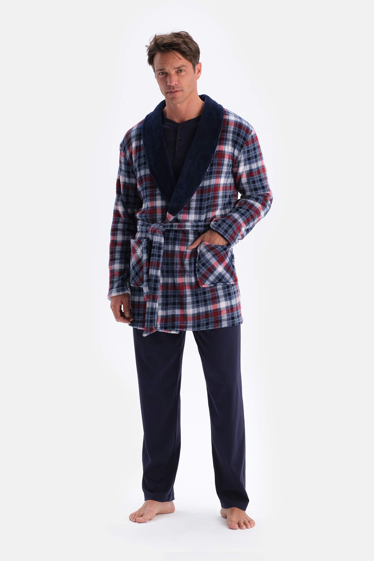 Navy PLAID FLEECE ROBE