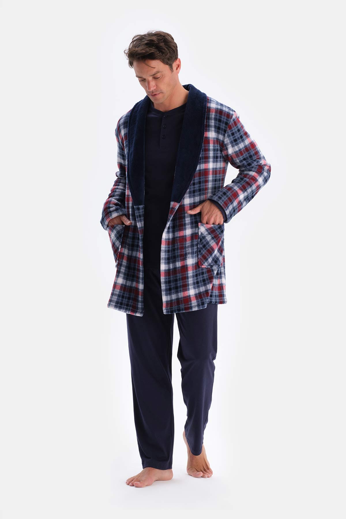 Navy PLAID FLEECE ROBE