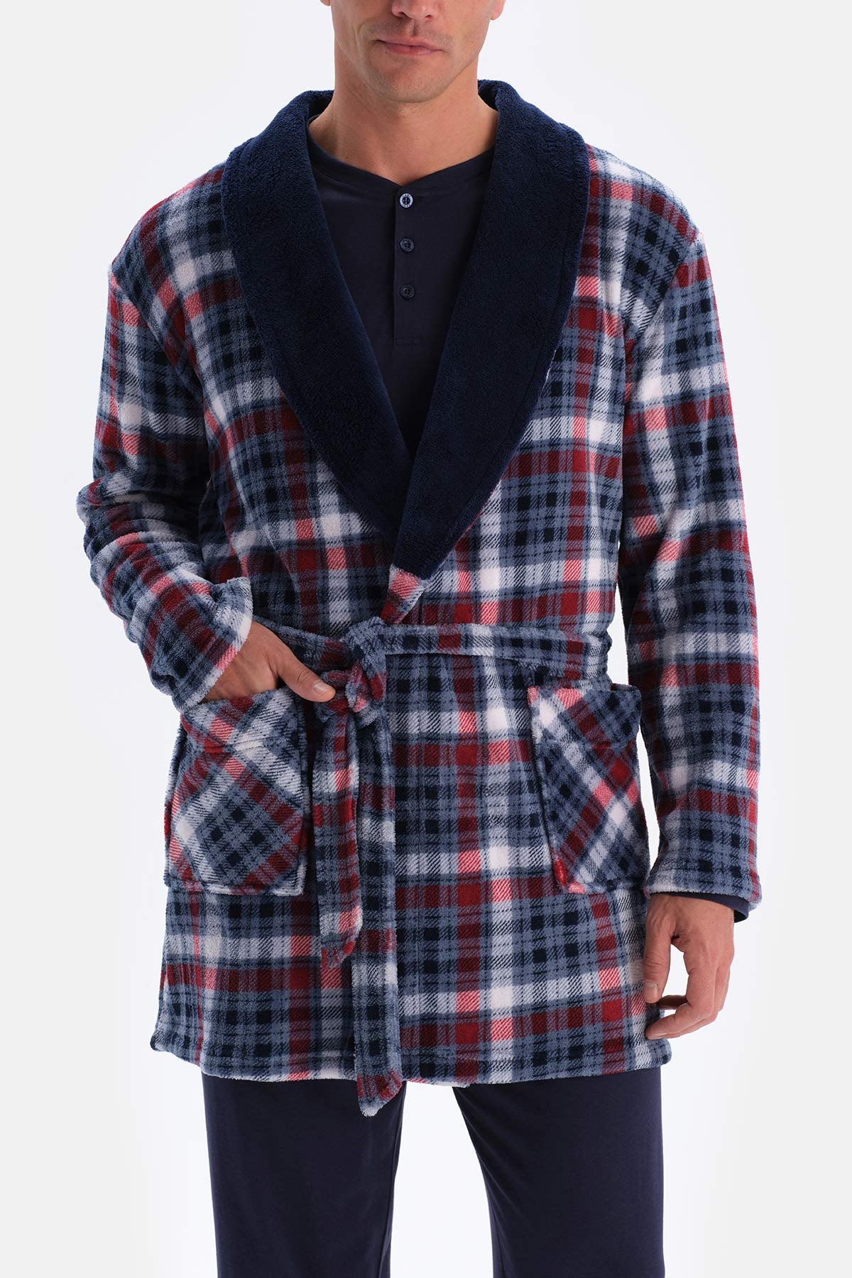 Navy PLAID FLEECE ROBE
