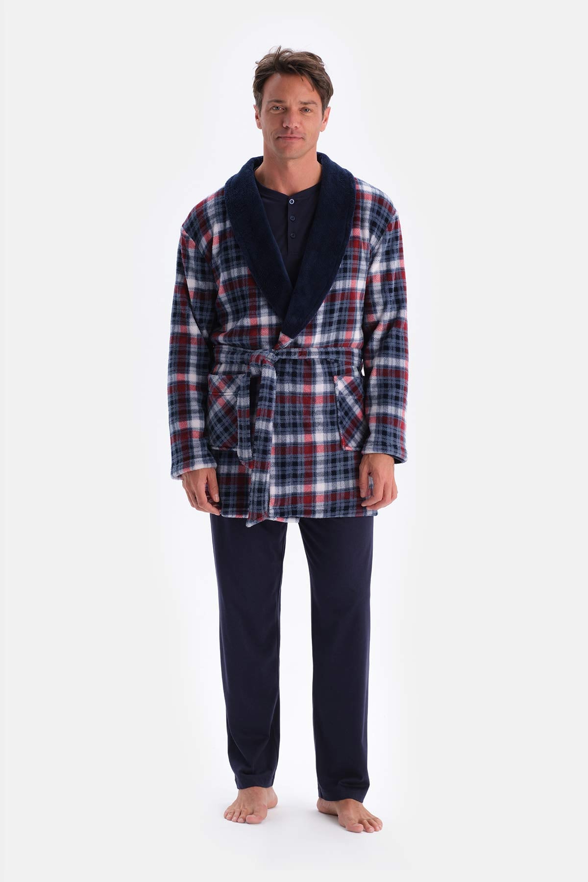 Navy PLAID FLEECE ROBE