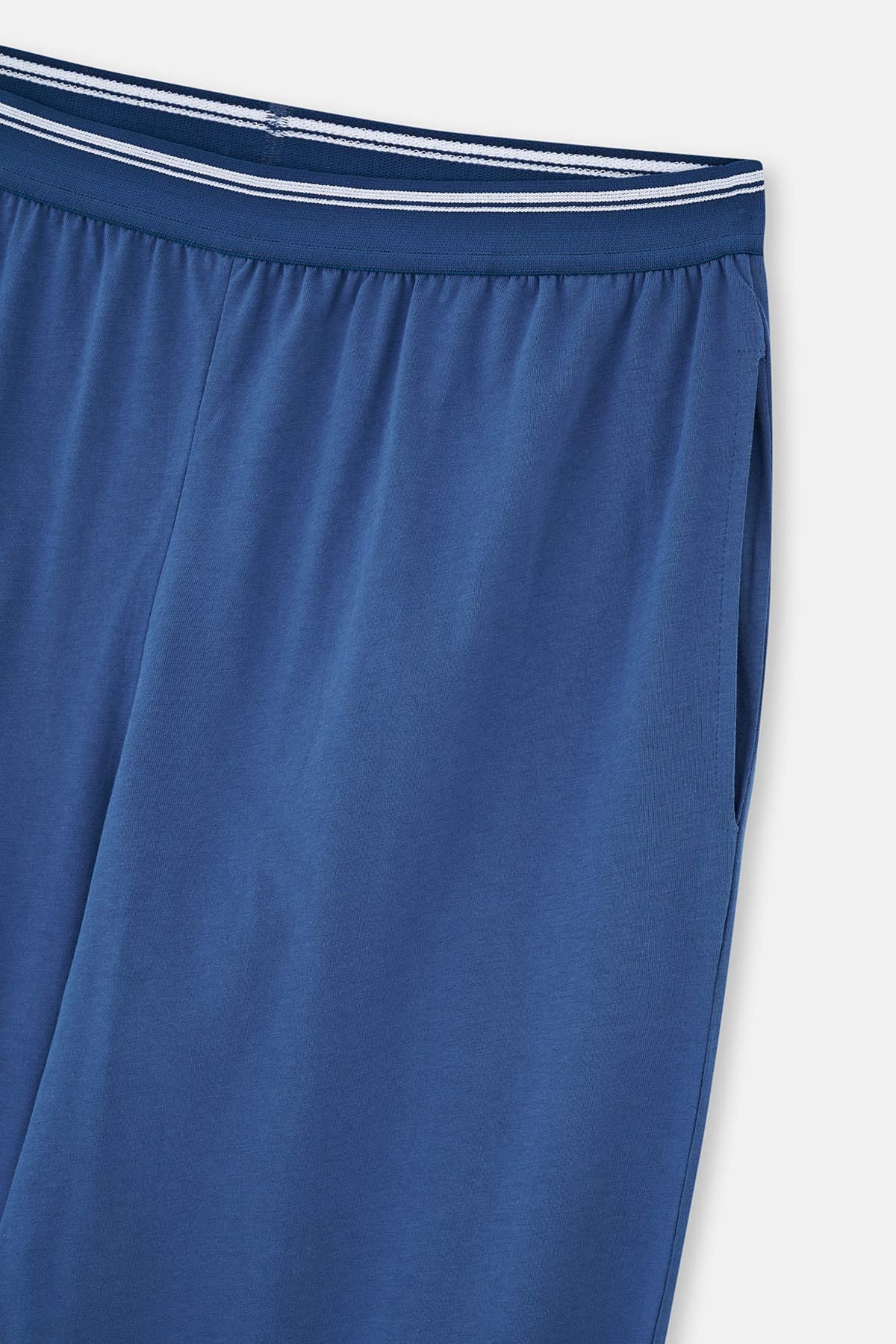 Mavi Beli Lastikli Örme Tek Pijama Altı