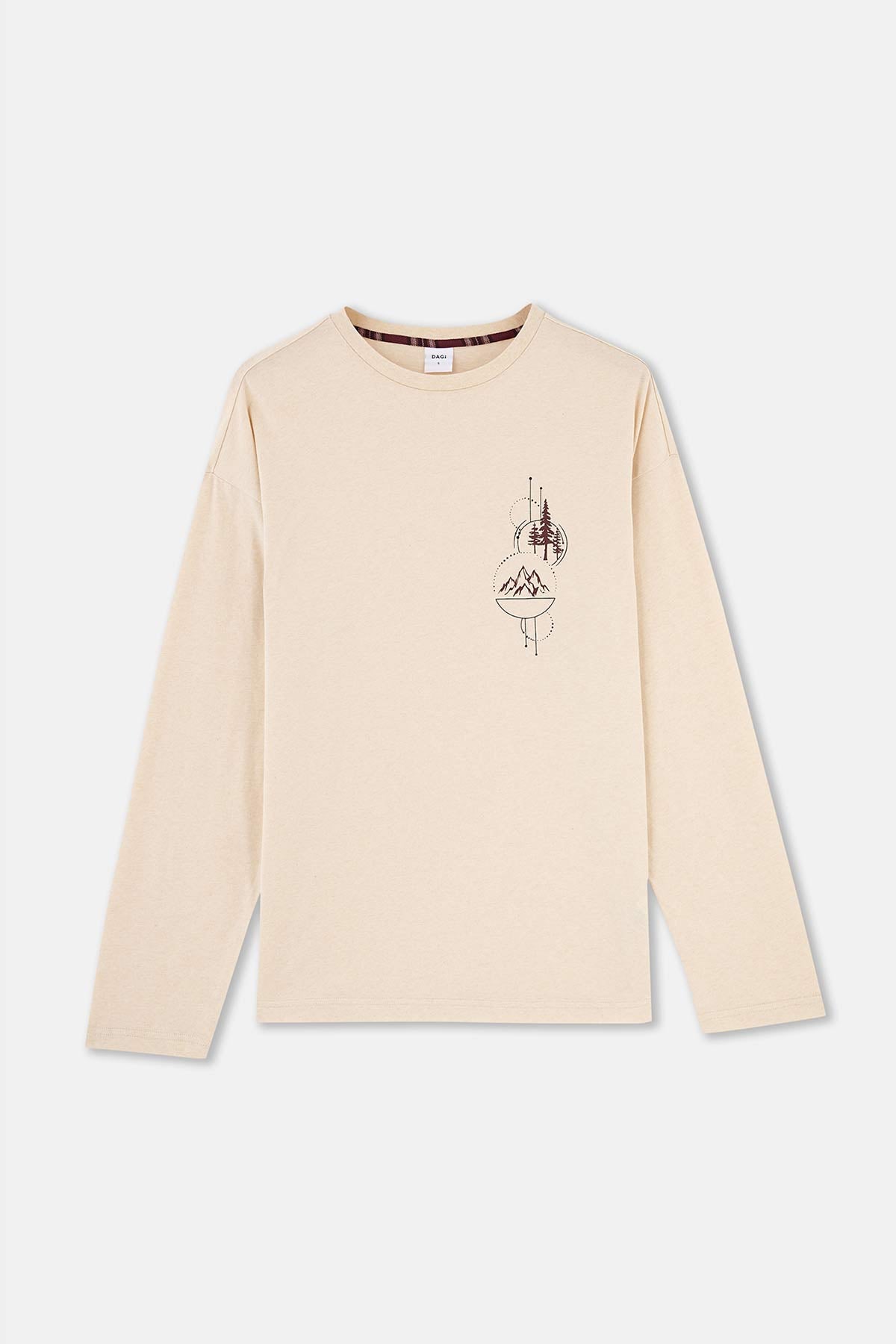 Ekru Bisiklet Yaka Uzun Kol Baskı Detaylı Pijama Üstü