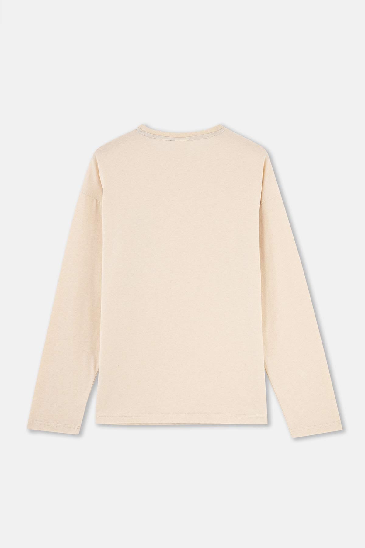 Ekru Bisiklet Yaka Uzun Kol Baskı Detaylı Pijama Üstü