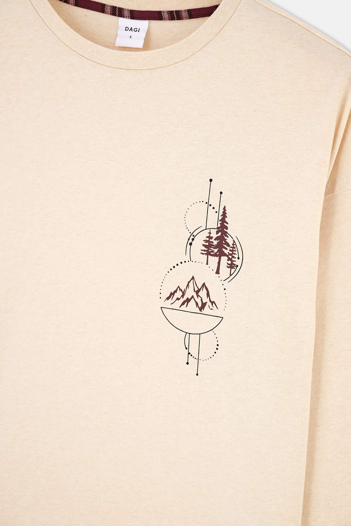 Ekru Bisiklet Yaka Uzun Kol Baskı Detaylı Pijama Üstü