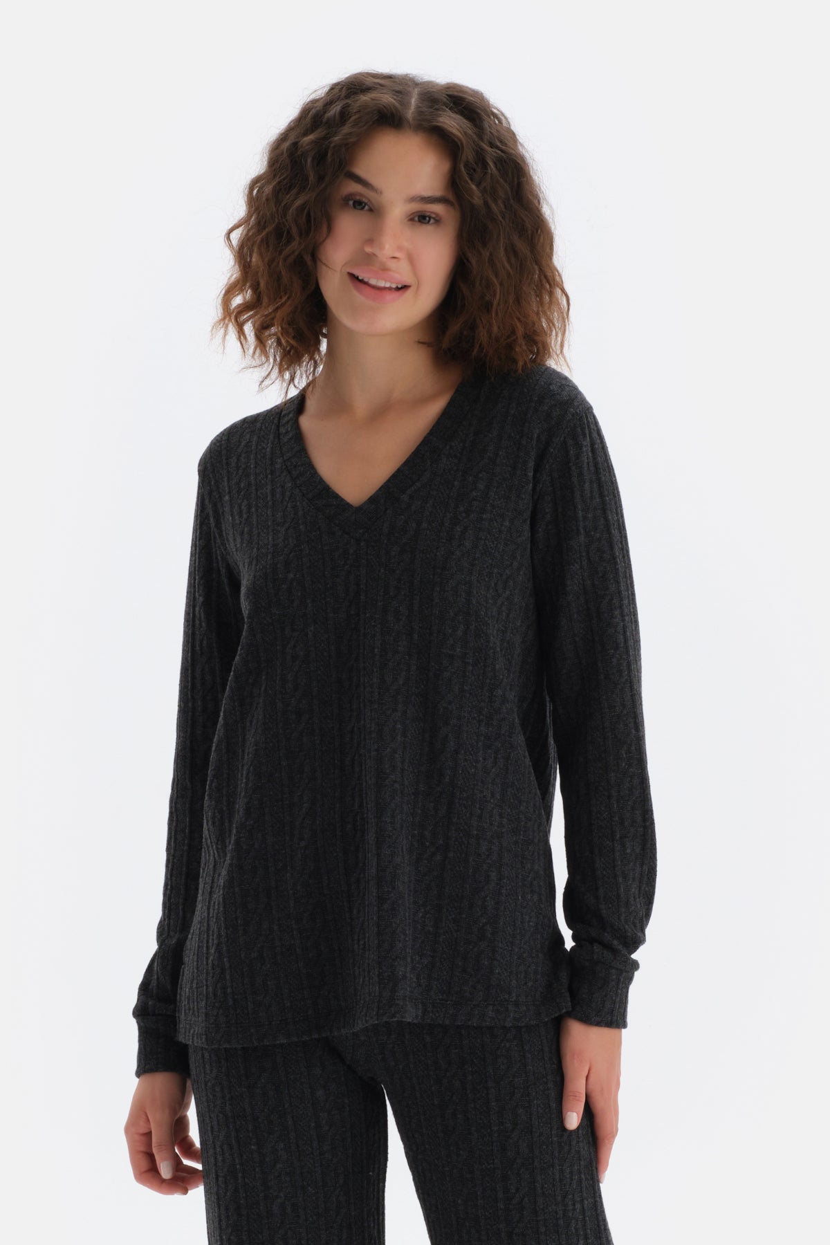 Anthracite V NECK LONG SLEEVE KNITTED SWEATSHIRT