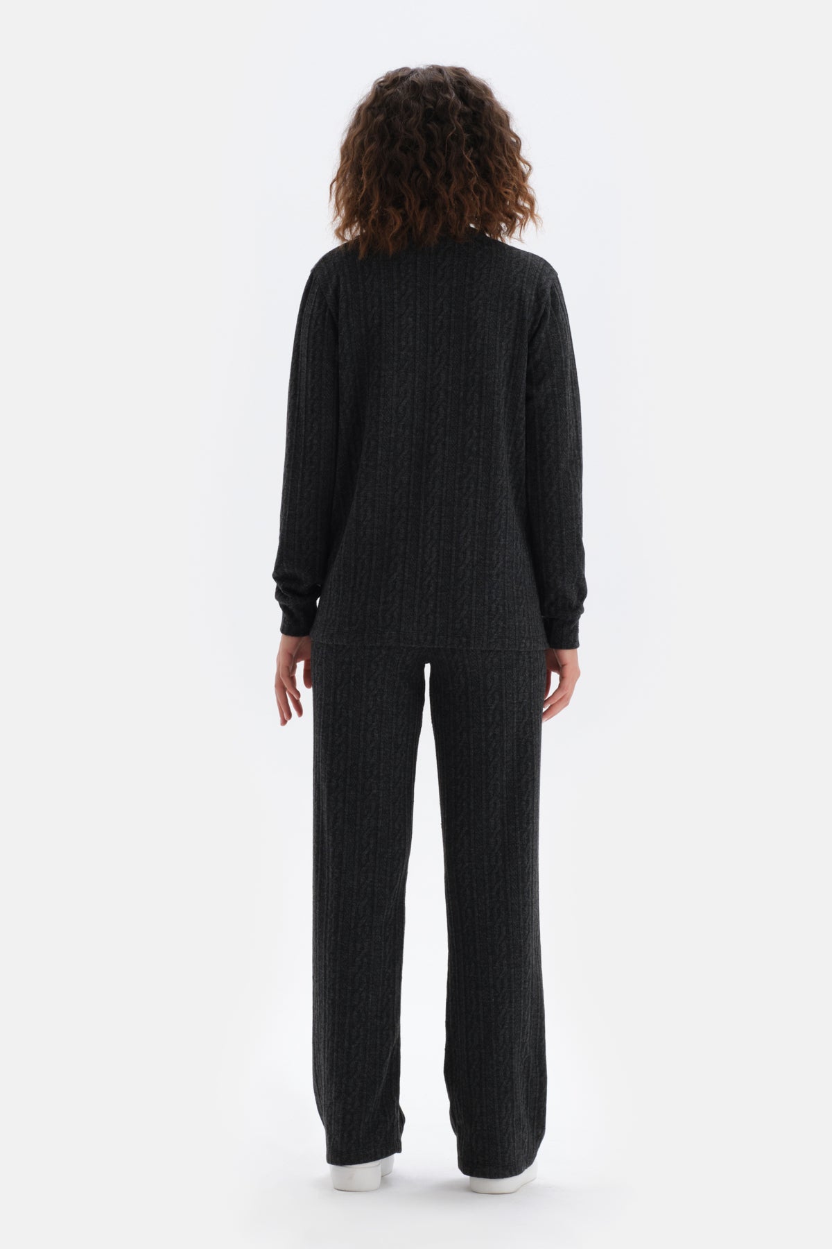 Antrasıt V Yaka Uzun Kollu Örgülü Sweatshirt