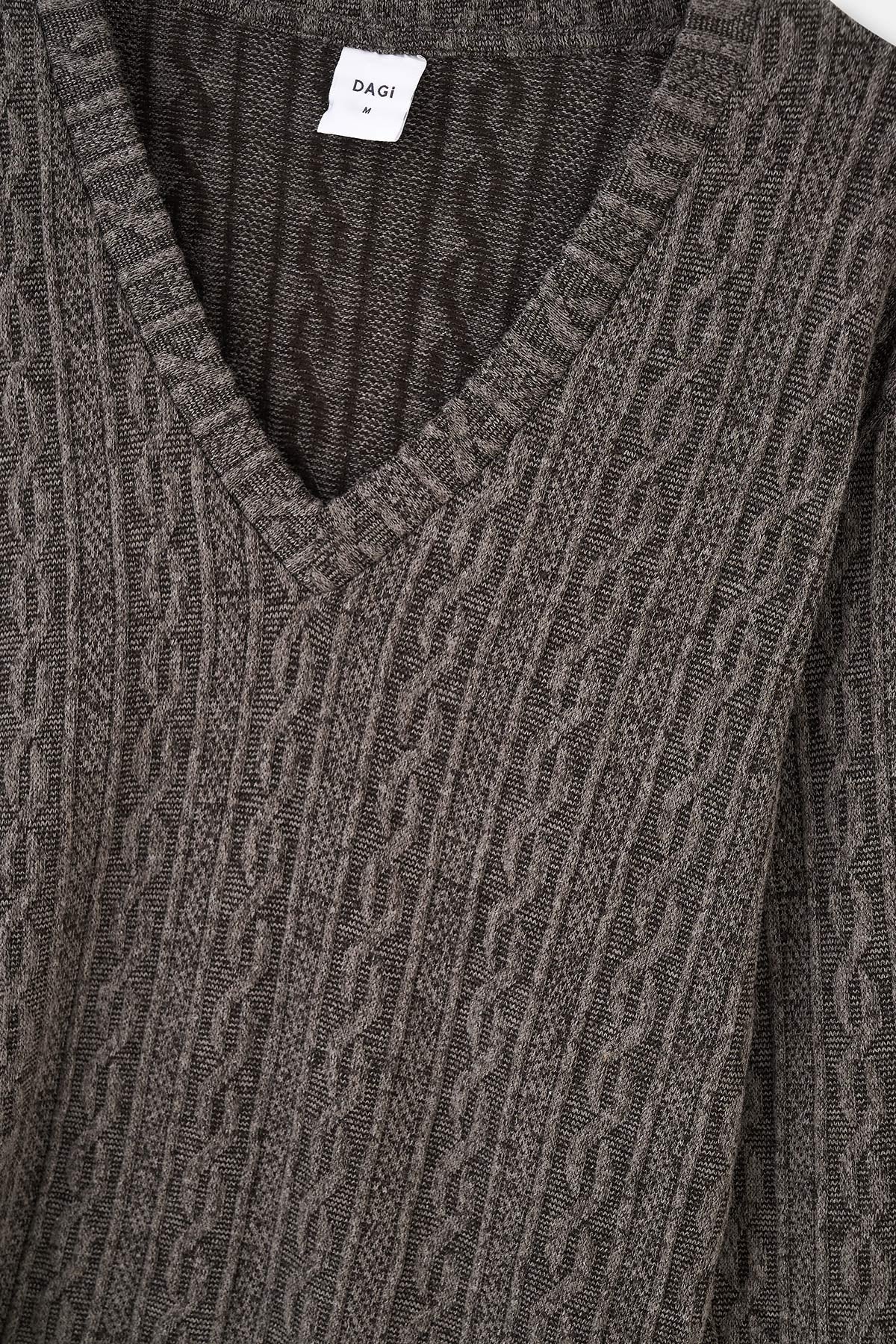 Antrasıt V Yaka Uzun Kollu Örgülü Sweatshirt