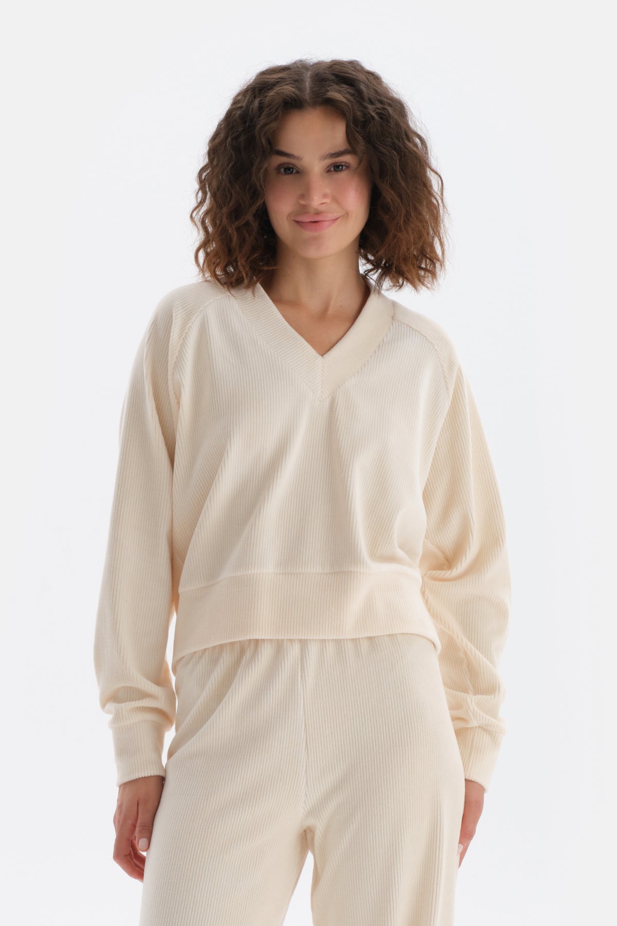 Ecru V-NECK REGLAN SLEEVE VELVET SWEATSHIRT