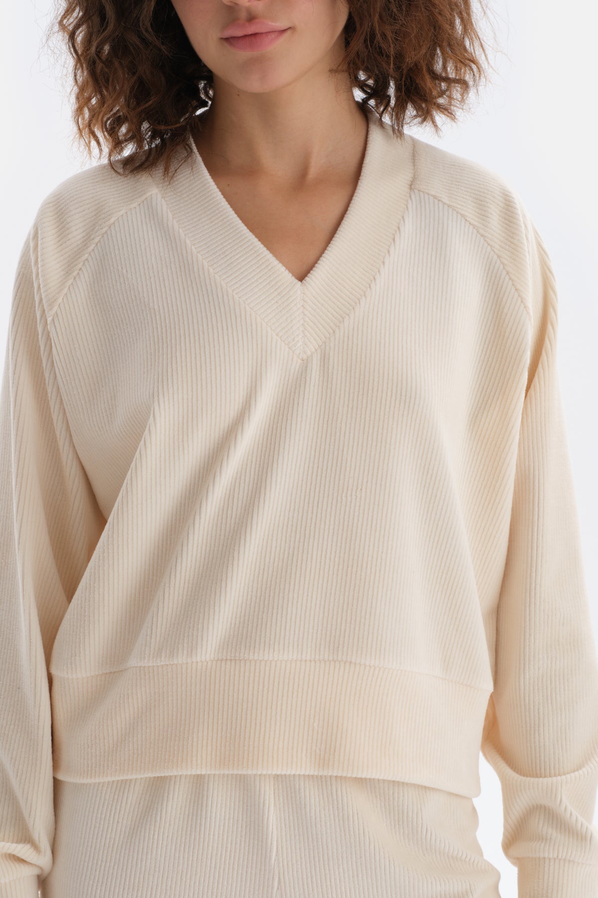 Ecru V-NECK REGLAN SLEEVE VELVET SWEATSHIRT