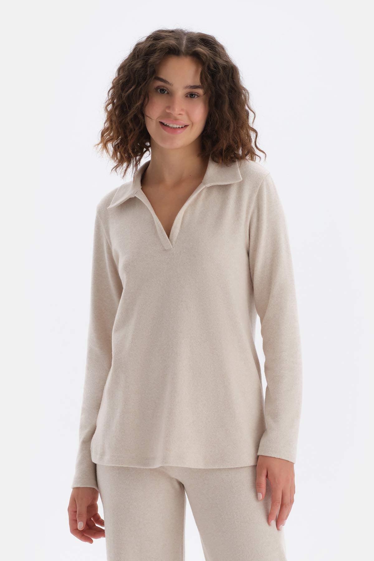 Bej Melanj Polo Yaka Uzun Kollu Sweatshirt