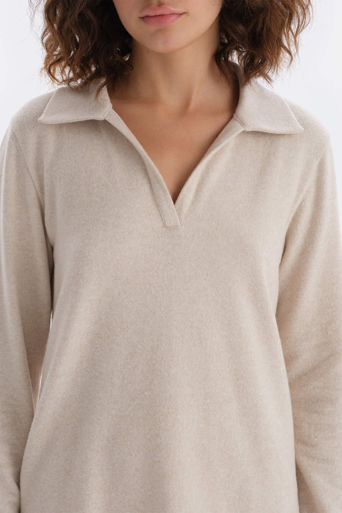 Bej Melanj Polo Yaka Uzun Kollu Sweatshirt