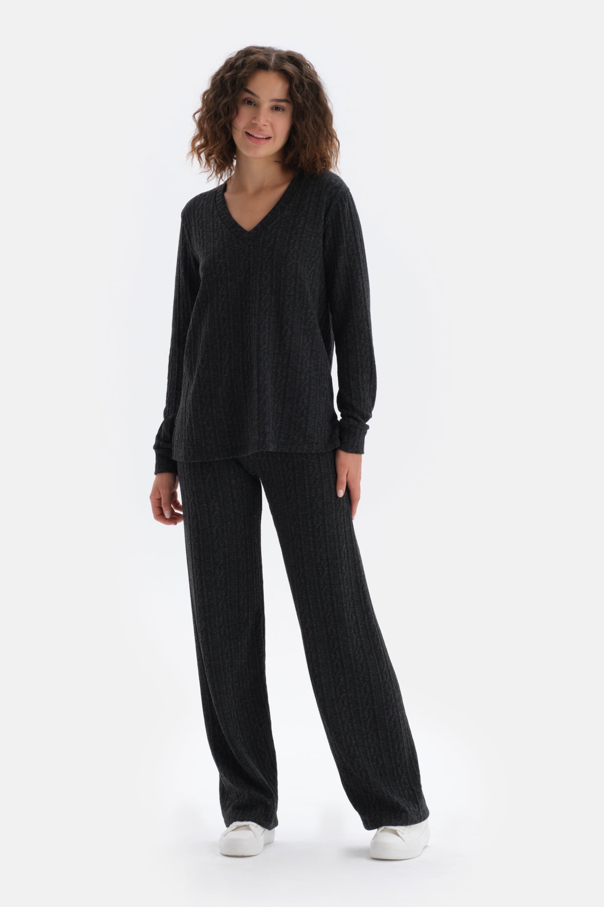 Antrasıt Bol Paça Örgülü Pantolon