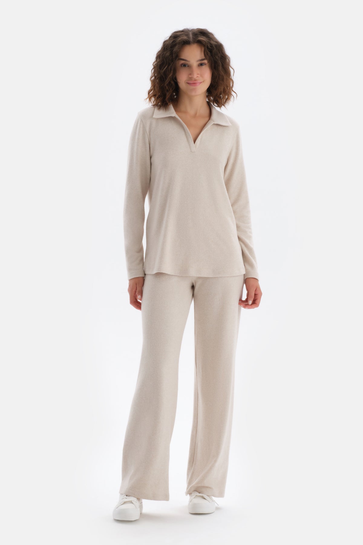 Bej Melanj Yüksek Bel Bol Paça Pantolon