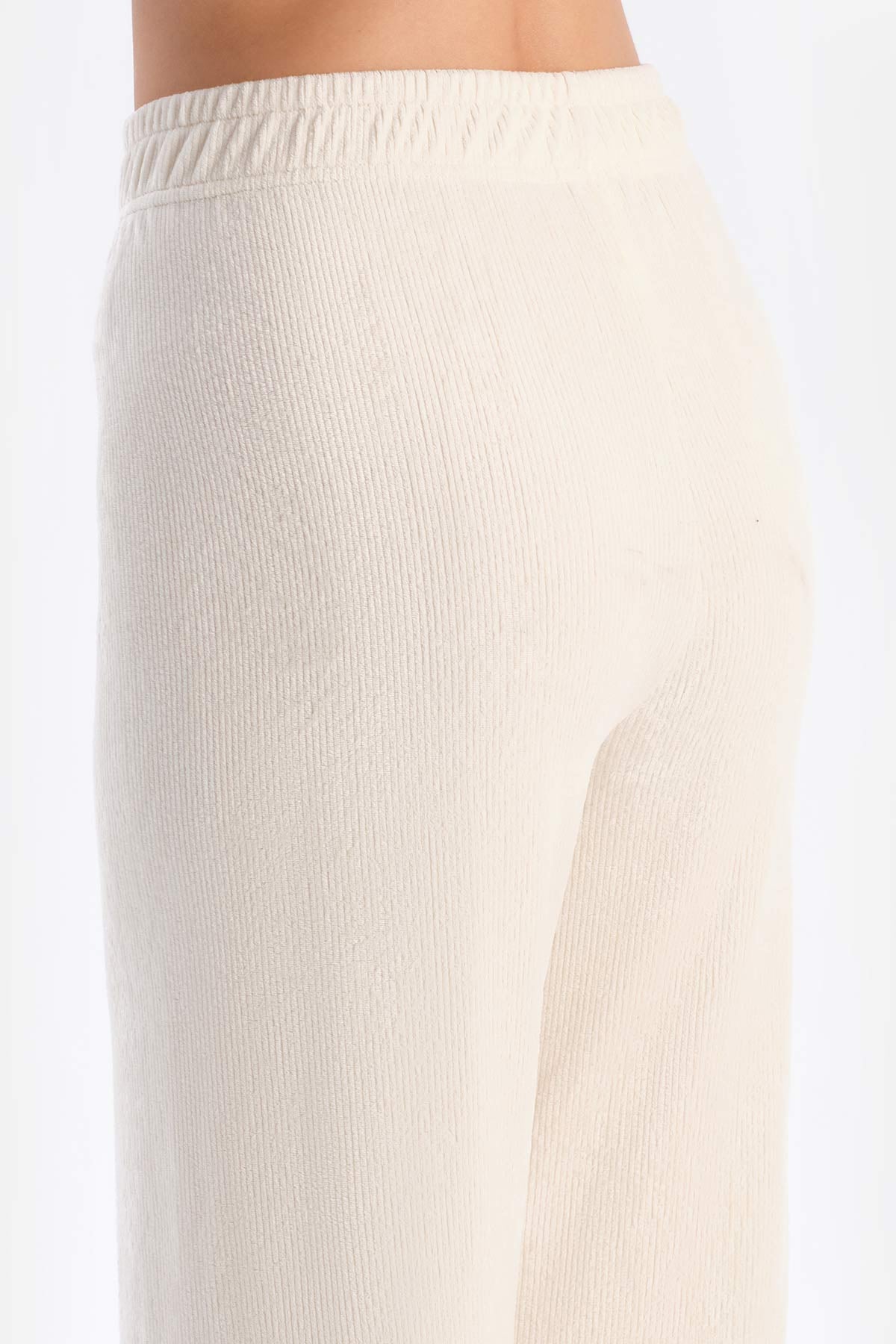 Ecru LABEL DETAILED WIDE LEG VELVET PANTS